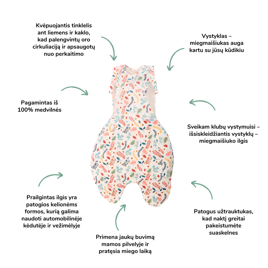 Purflo® vystyklas - miegmaišiukas 2,5 TOG (0-4 mėn.) - su augaliniu motyvu