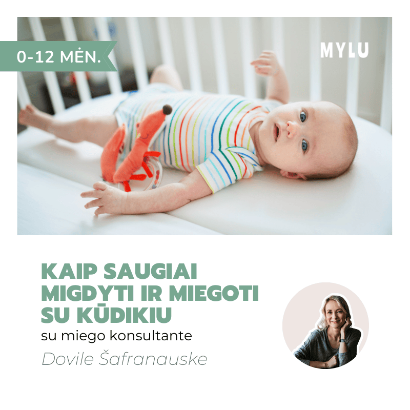 Kaip saugiai migdyti ir miegoti su kūdikiu (0-12 mėn.) Dovilė Šafranauskė Miego Pelytės Mylu.lt Saugaus miego pavojai SKMS prevencijos priemonės Saugus kūdikio miegas lovelėje saugus miegas tėvų lovoje