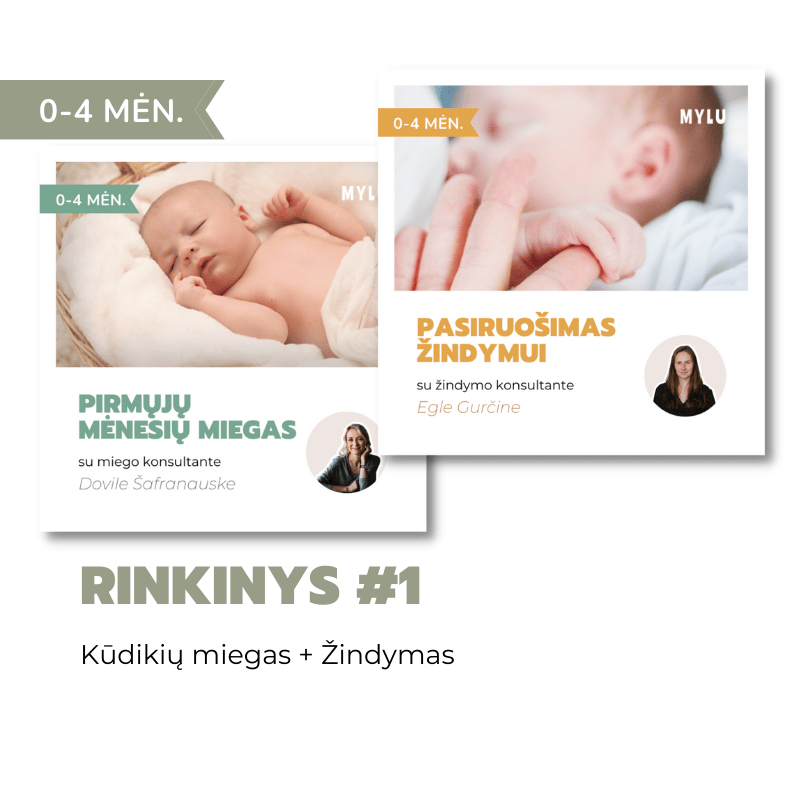 Rinkinys #1 (0-4 mėn.) Kūdikių miegas + Žindymas Pasiruošimas žindymui Pirmųjų mėnesių kūdikio miegas žindymo taisyklės kūdikio dienotvarkė Eglė Gurčinė Dovilė Šafranauskė savarankiškas kūdikio miegas